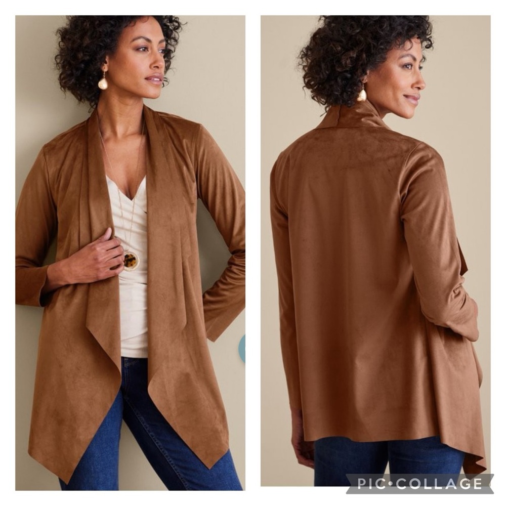 NWT Soft Surroundings Shape Drape Faux Suede Open Front Jacket in Saddle